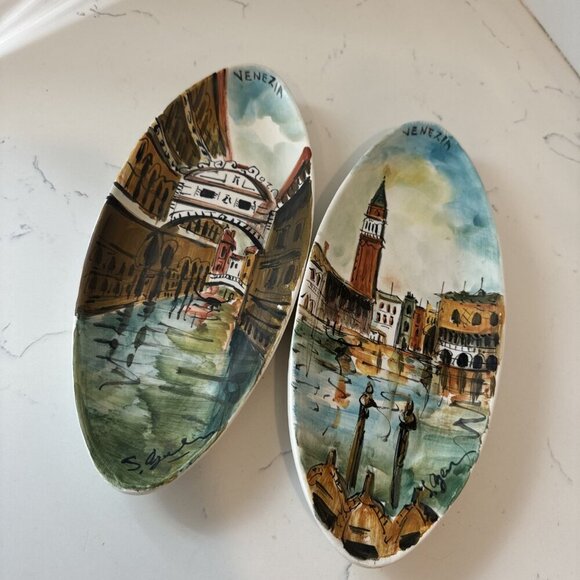 Venice Grand Canal- 2 Hand Painted Rolled Ceramic Slab Wall Hangings, Signed - Picture 4 of 16